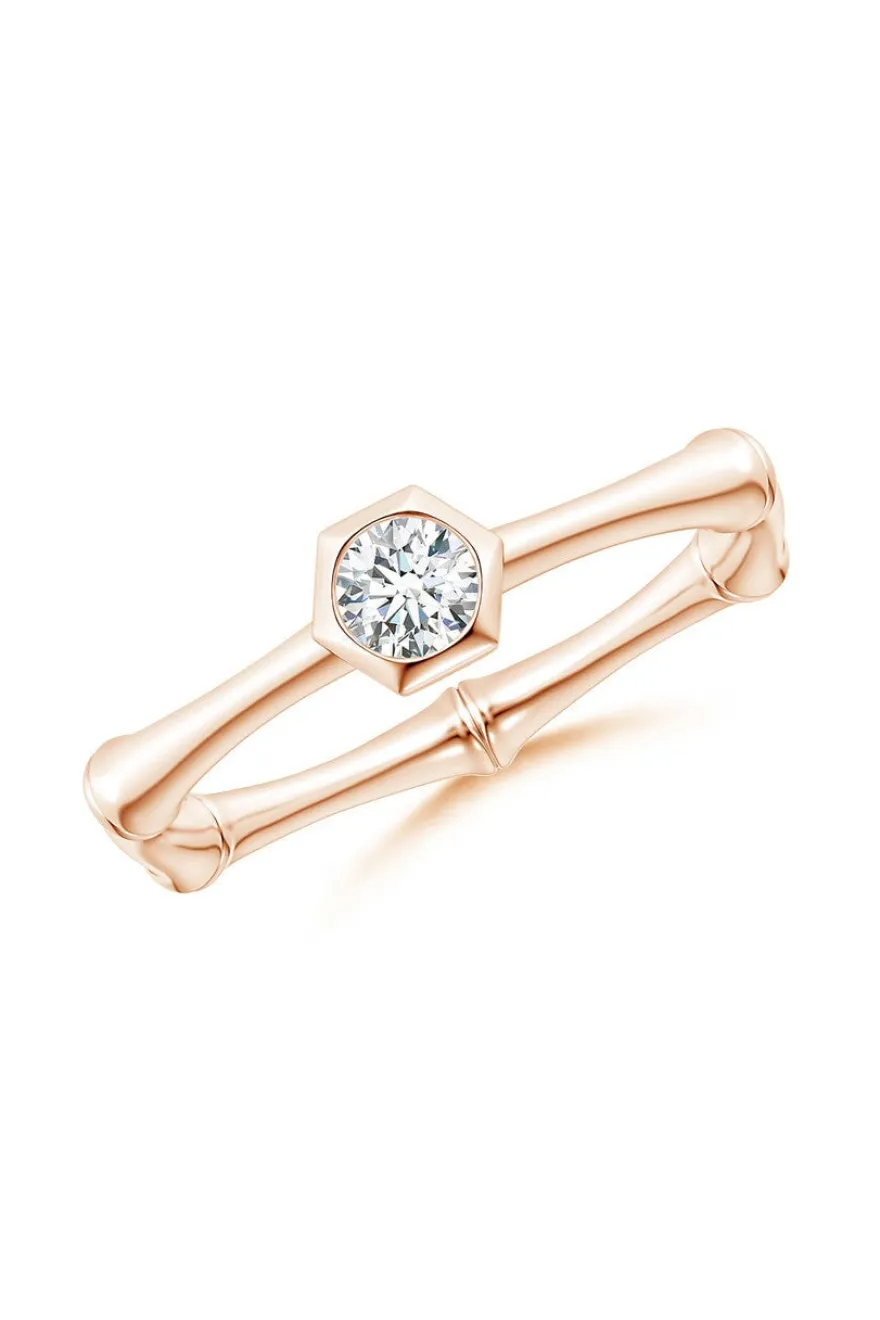 Indochine 14k Hex Frame Diamond Solitaire Bamboo Ring
