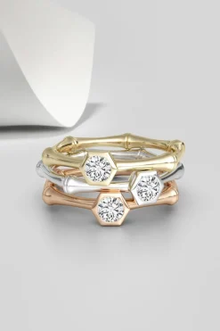 Indochine 14k Hex Frame Diamond Solitaire Bamboo Ring