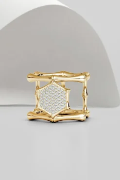 Indochine 14k Pave Diamond Hexagon Center Double Bamboo Band Cocktail Ring
