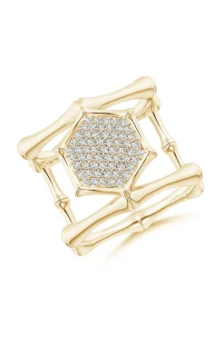 Indochine 14k Pave Diamond Hexagon Center Double Bamboo Band Cocktail Ring