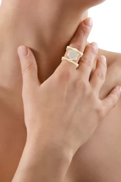 Indochine 14k Pave Diamond Hexagon Center Double Bamboo Band Cocktail Ring