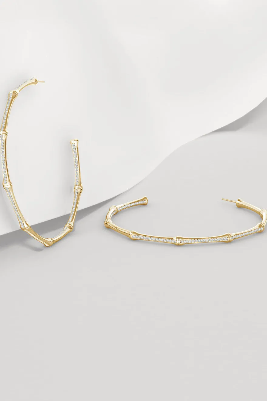 Indochine 14k Pave Diamond 2.75 Inch Bamboo Hoops