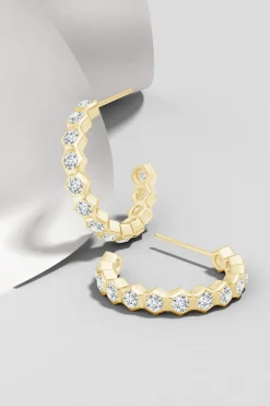 Indochine 14k Small Stacked Hexagon Diamond J-Hoop Earrings