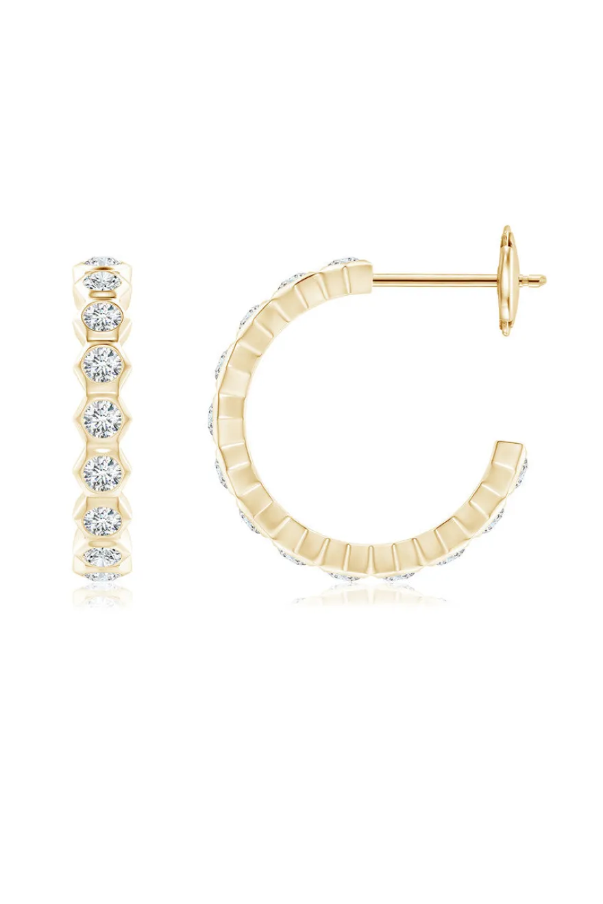 Indochine 14k Small Stacked Hexagon Diamond J-Hoop Earrings