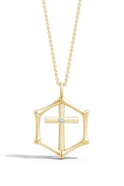 Indochine Spirit 14k Bamboo Frame Cross Diamond Pendant Necklace