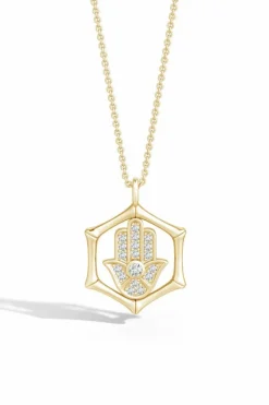 Indochine Spirit 14k Bamboo Frame Hamsa Diamond Pendant Necklace