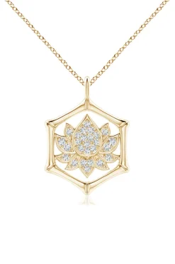 Indochine Spirit 14k Bamboo Frame Lotus Diamond Pendant Necklace