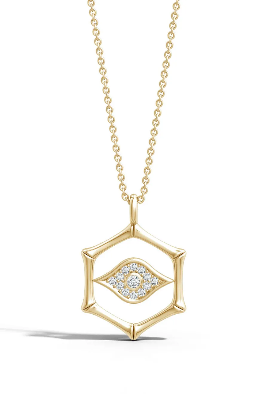Indochine Spirit 14k Evil Eye Bamboo Hexagon Frame Diamond Necklace