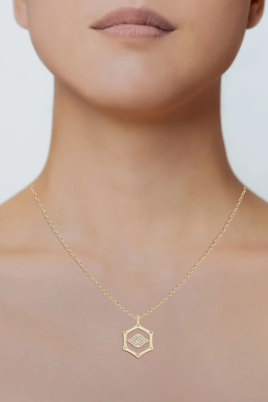 Indochine Spirit 14k Evil Eye Bamboo Hexagon Frame Diamond Necklace