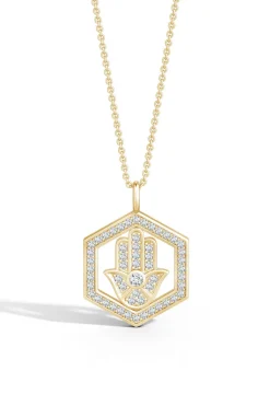 Indochine Spirit 14k Hexagon Frame Hamsa Pave Diamond Pendant Necklace