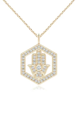 Indochine Spirit 14k Hexagon Frame Hamsa Pave Diamond Pendant Necklace