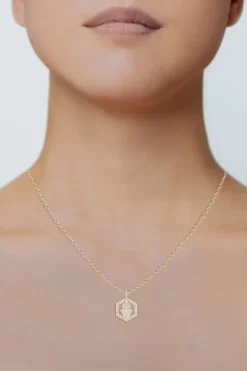 Indochine Spirit 14k Hexagon Frame Hamsa Pave Diamond Pendant Necklace