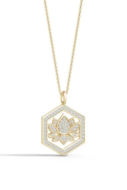 Indochine Spirit 14k Hexagon Frame Lotus Pave Diamond Pendant Necklace