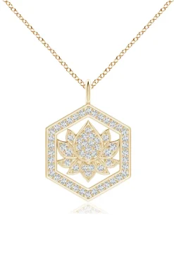 Indochine Spirit 14k Hexagon Frame Lotus Pave Diamond Pendant Necklace