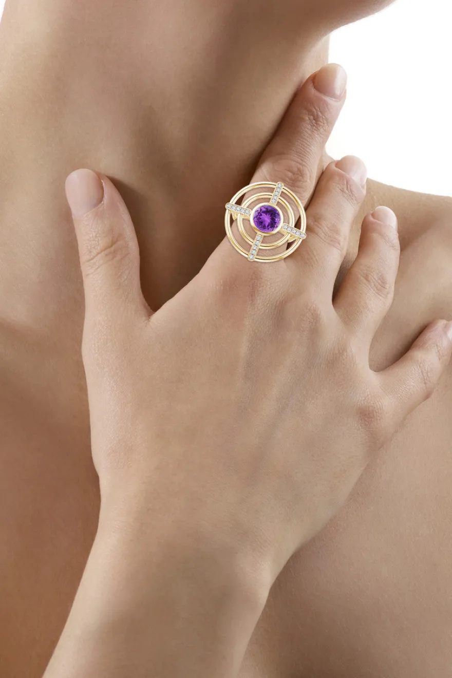 Infinity Concentric Circle 14K Gold and Amethyst Ring