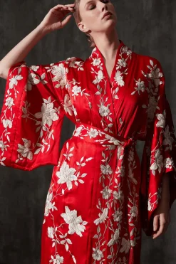 Key Essentials Embroidered Kimono Tassel Silk Robe