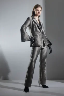Metallic Jacquard Zip Front Trousers