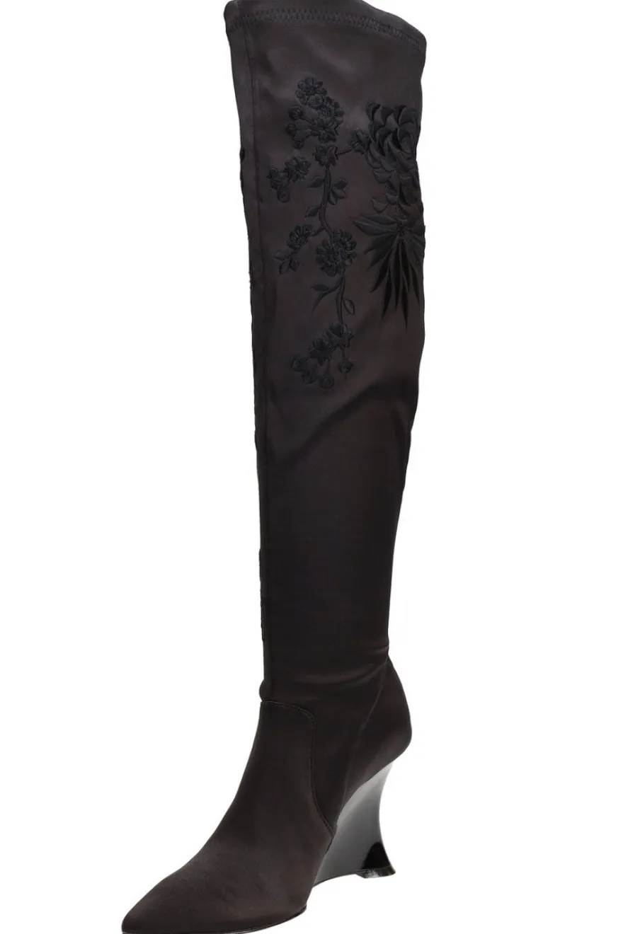 Natsu Satin Embroidered Dragon Stretch Over the Knee Boot