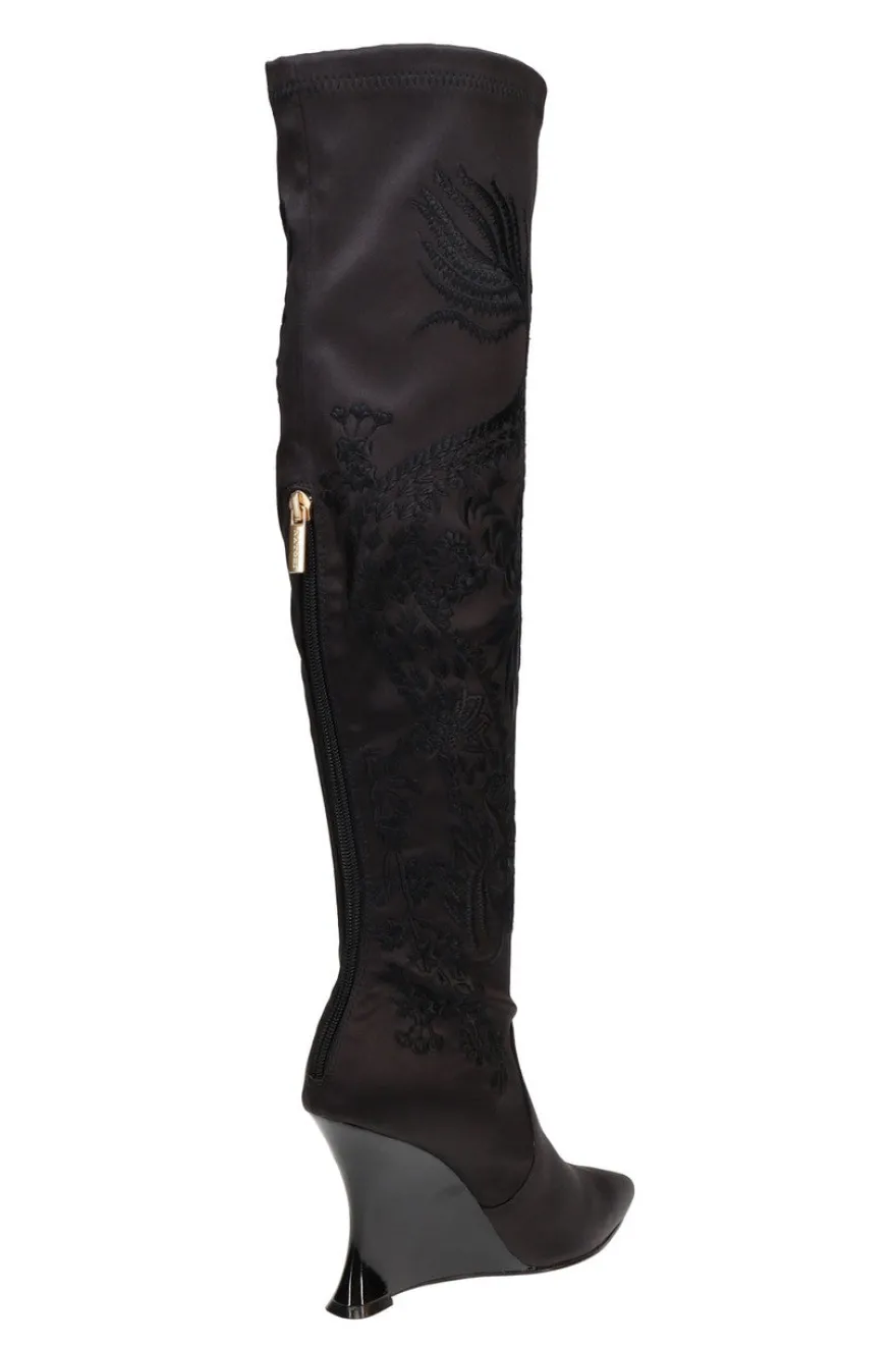 Natsu Satin Embroidered Dragon Stretch Over the Knee Boot