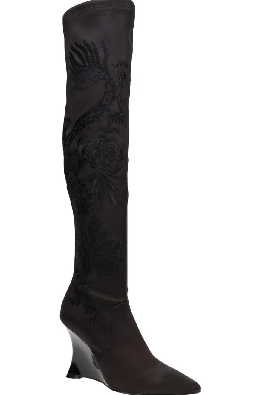 Natsu Satin Embroidered Dragon Stretch Over the Knee Boot