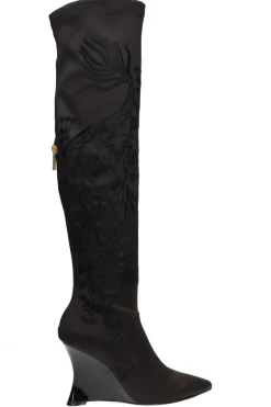 Natsu Satin Embroidered Dragon Stretch Over the Knee Boot