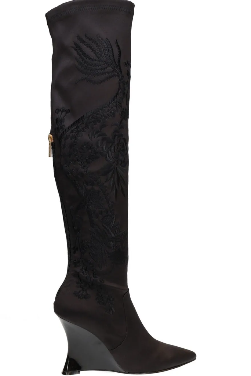 Natsu Satin Embroidered Dragon Stretch Over the Knee Boot