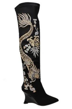 Natsu Satin Embroidered Dragon Stretch Over the Knee Boot