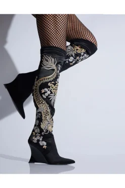 Natsu Satin Embroidered Dragon Stretch Over the Knee Boot