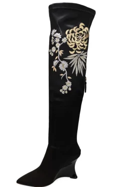 Natsu Satin Embroidered Dragon Stretch Over the Knee Boot