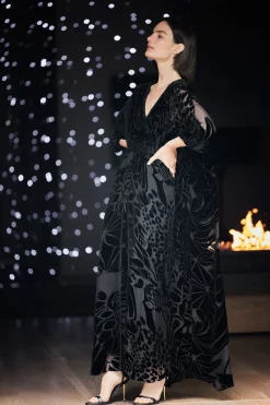 Nouveau Velvet Embellished Silk Caftan