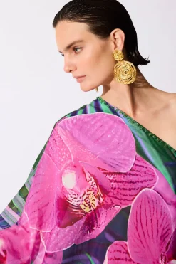 Orchid Silk Cotton Voile One Shoulder Beaded Caftan