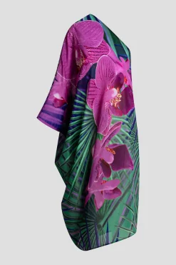 Orchid Silk Cotton Voile One Shoulder Beaded Caftan