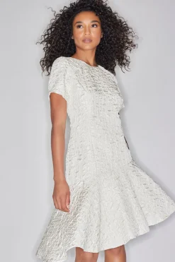 Pebbled Jacquard Short Sleeve Flounce Dress