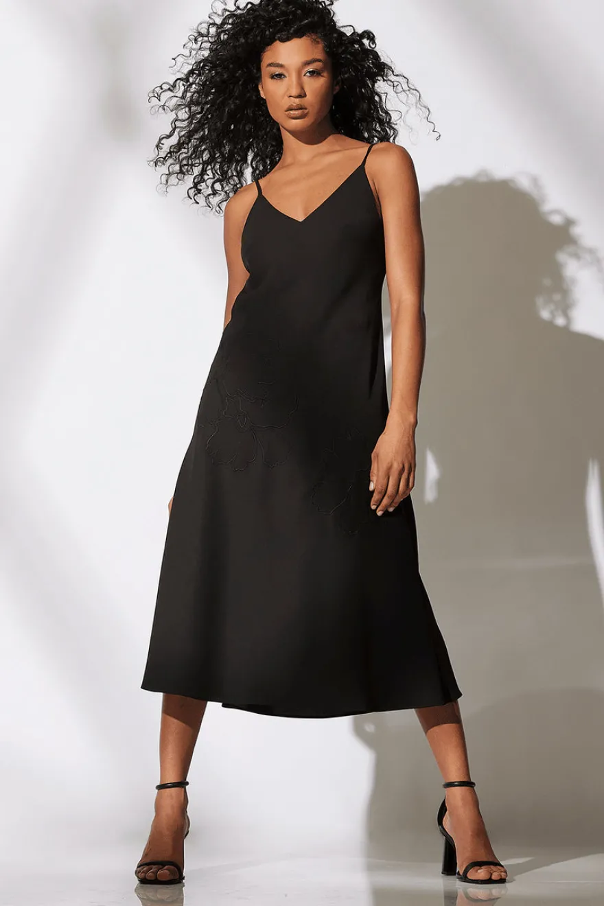Solid Crepe Embroidered Slip Dress
