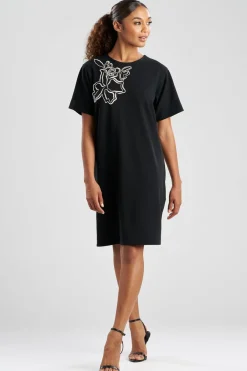 Solid Knit Crepe Embellished Short Sleeve Shift Dress