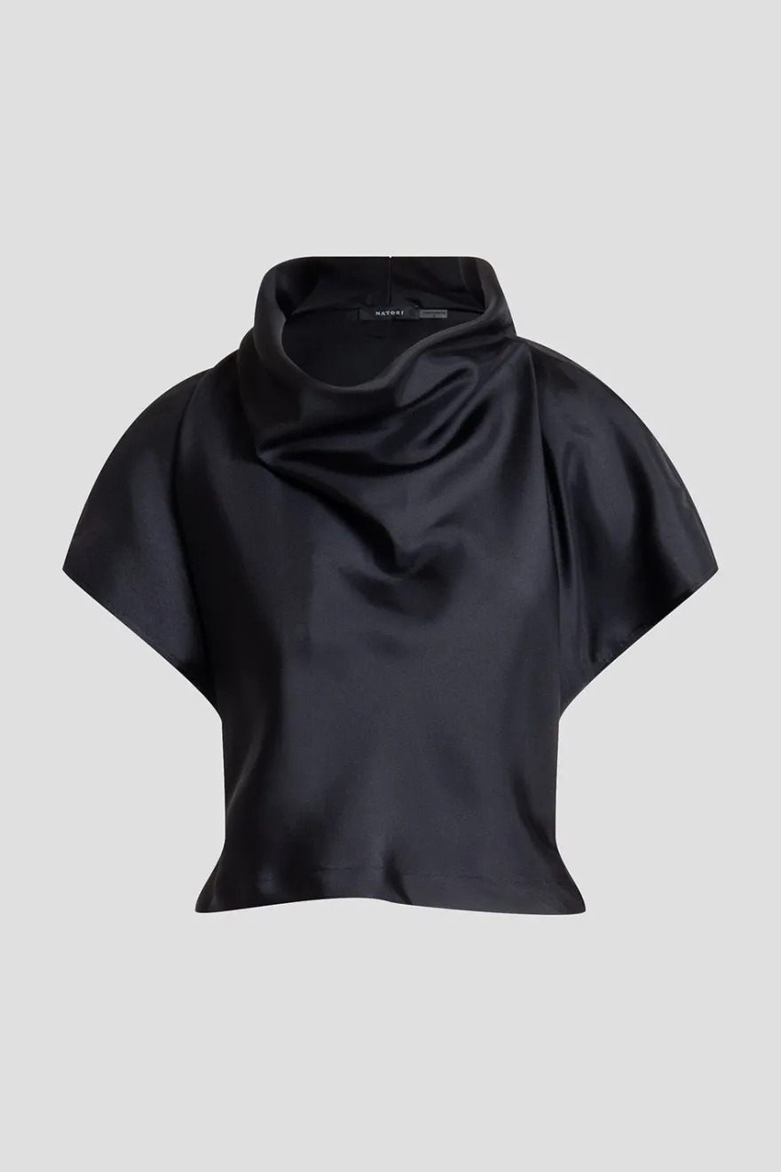 Solid Silk Twill Cowl Neck Top