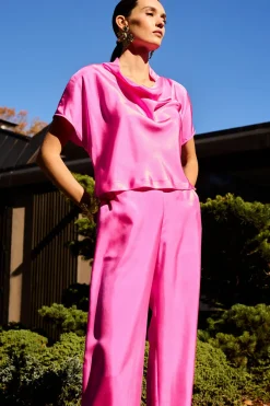 Solid Silk Twill Cowl Neck Top