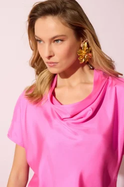 Solid Silk Twill Cowl Neck Top