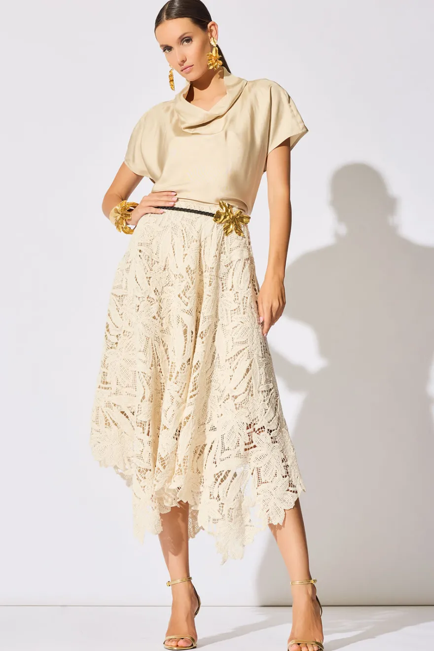 Solid Silk Twill Cowl Neck Top