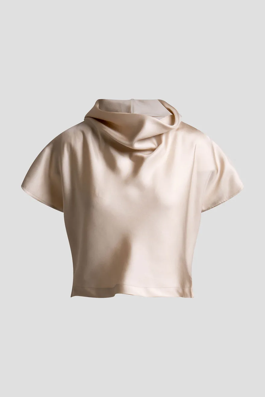 Solid Silk Twill Cowl Neck Top