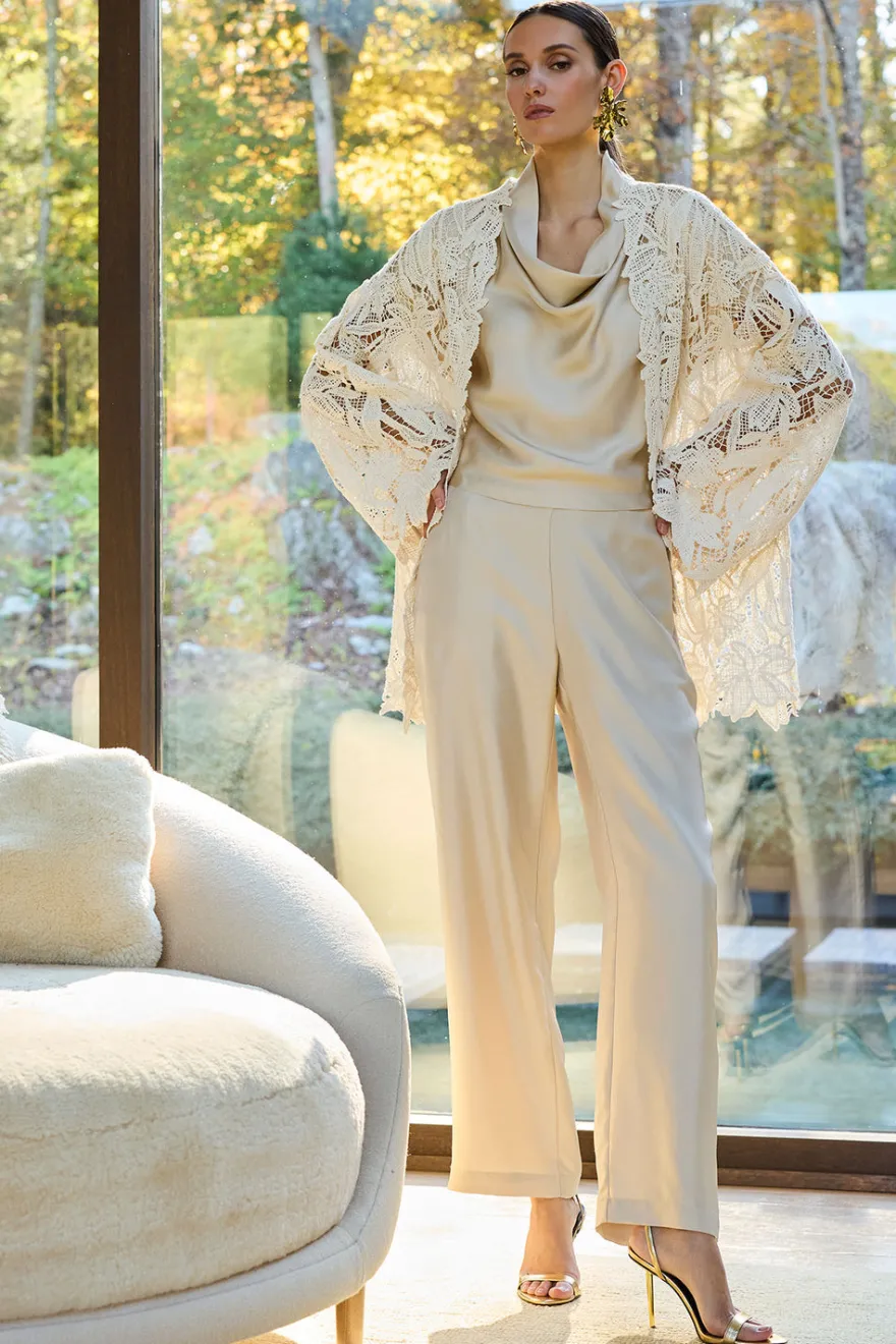 Solid Silk Twill Pull On Straight Leg Pants