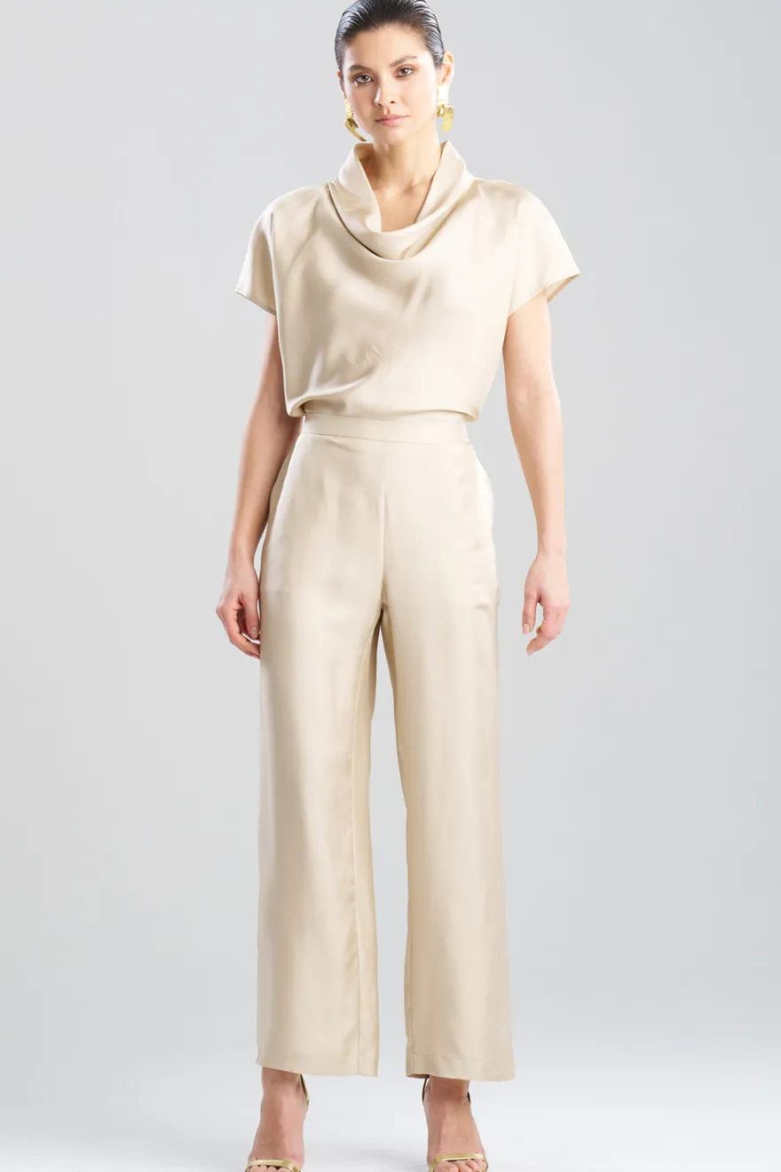 Solid Silk Twill Pull On Straight Leg Pants