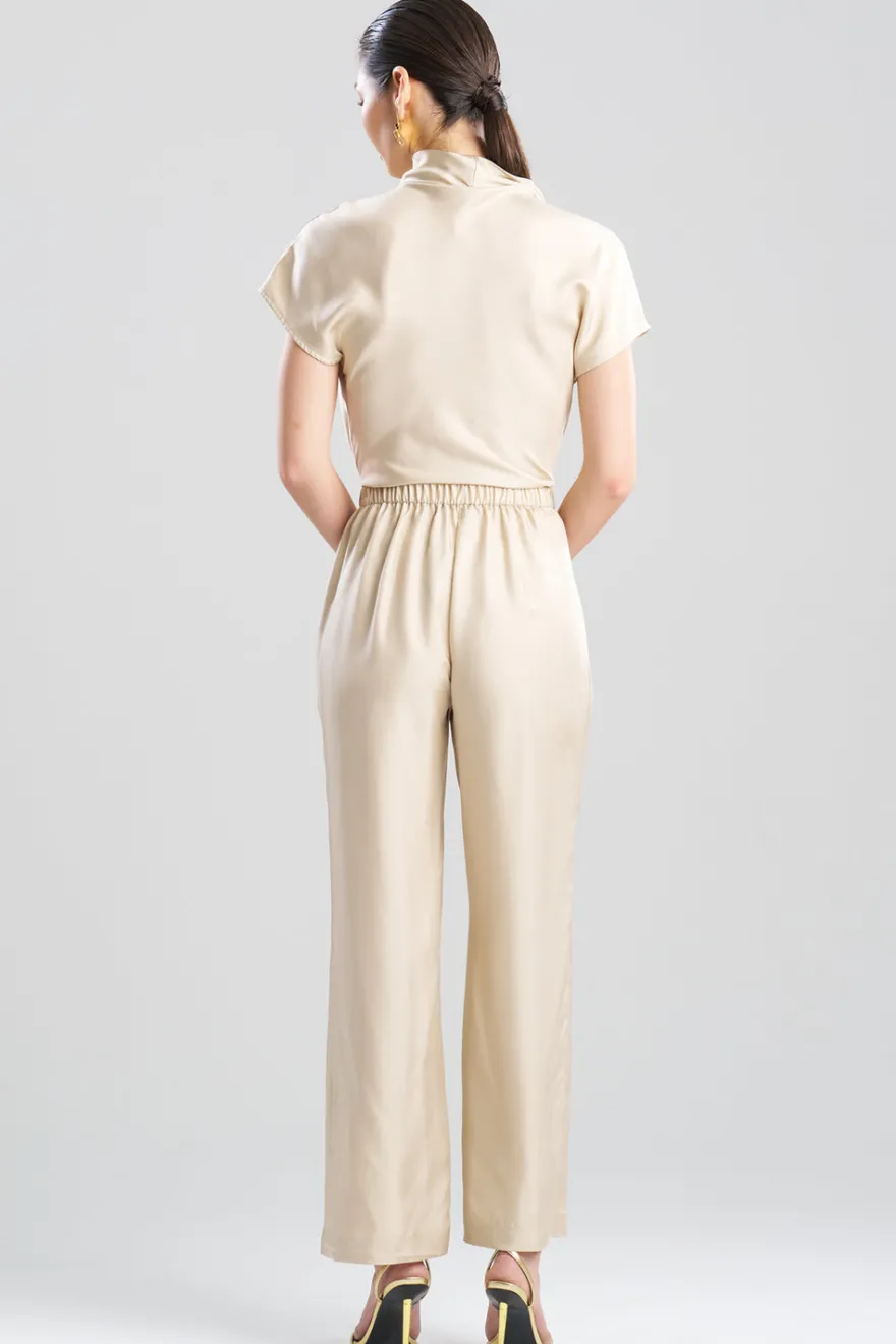 Solid Silk Twill Pull On Straight Leg Pants