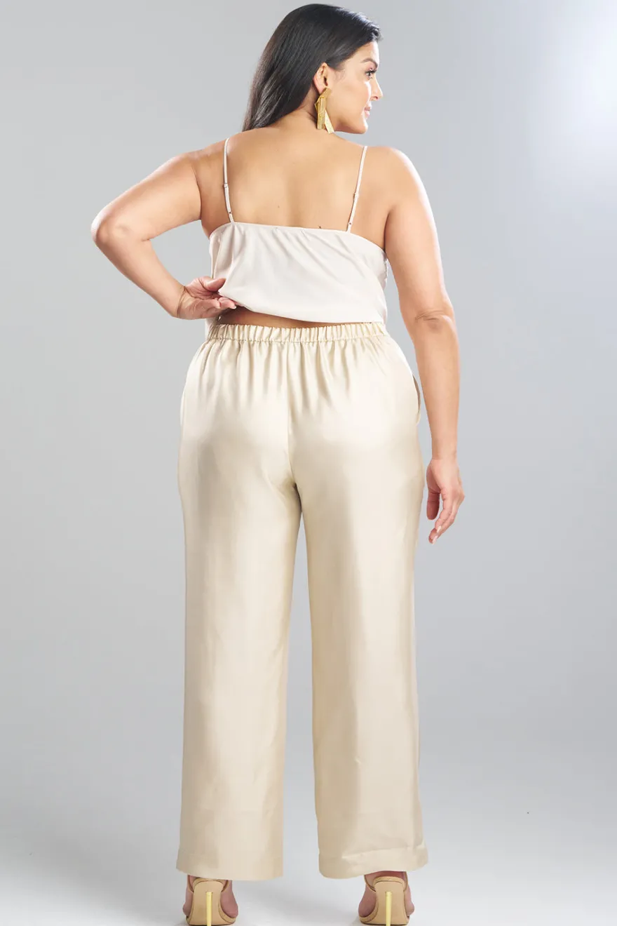 Solid Silk Twill Pull On Straight Leg Pants