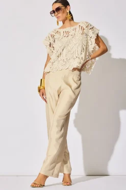 Solid Silk Twill Pull On Straight Leg Pants