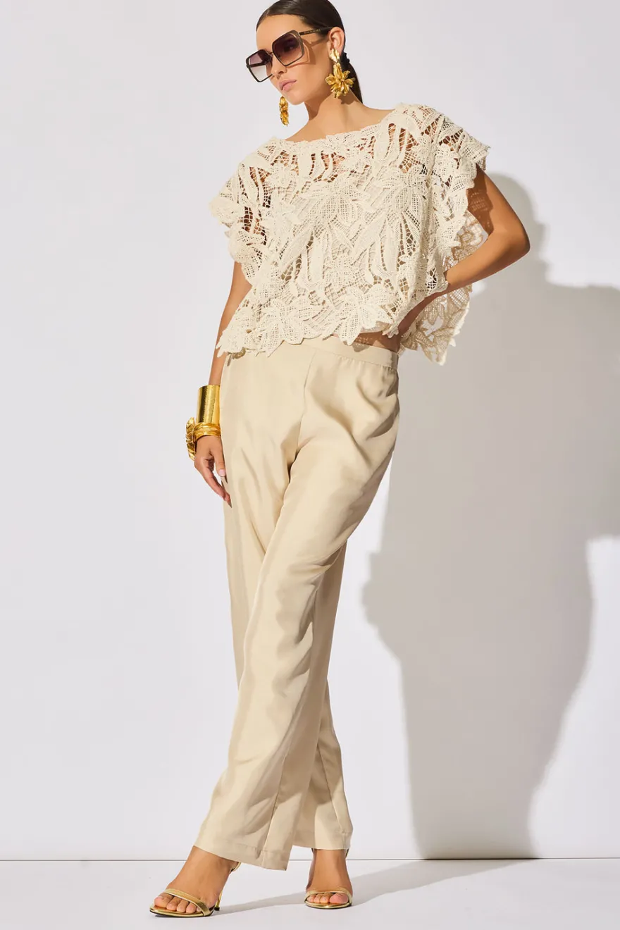 Solid Silk Twill Pull On Straight Leg Pants