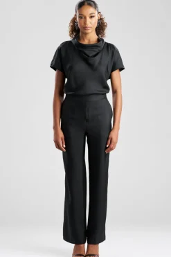 Solid Silk Twill Pull On Straight Leg Pants