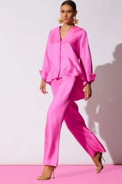 Solid Silk Twill Pull On Straight Leg Pants