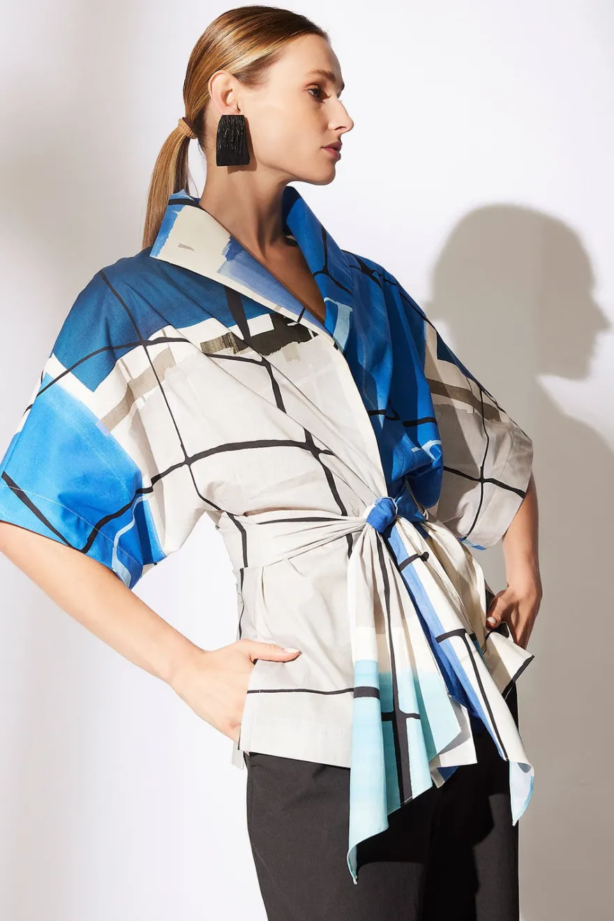 Sorairo Printed Cotton Poplin Wrap Top