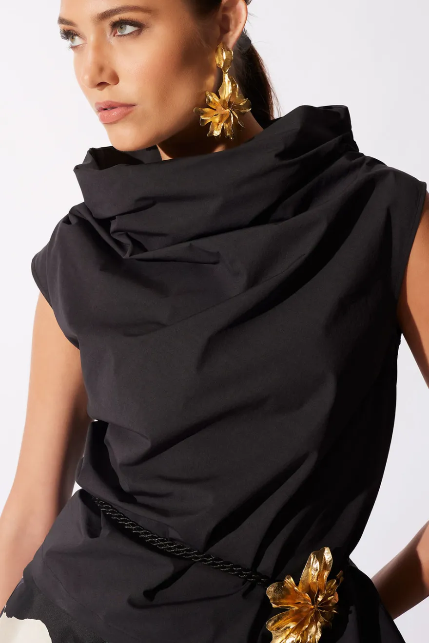Tech Cotton Taffeta Asymmetric Funnel Neck Top